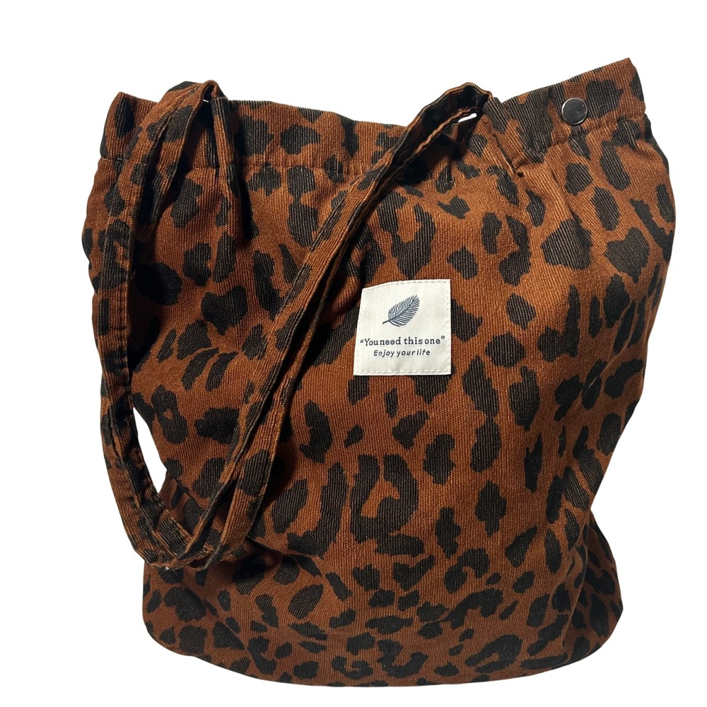 Leopard Print Corduroy Tote Bag Brown Black Animal Pattern Snap Closure Lined
